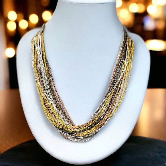 Statement Necklace Draping Multi Chain Chic Gold Silver Olive Copper Mixed Metal - Picture 1 of 8